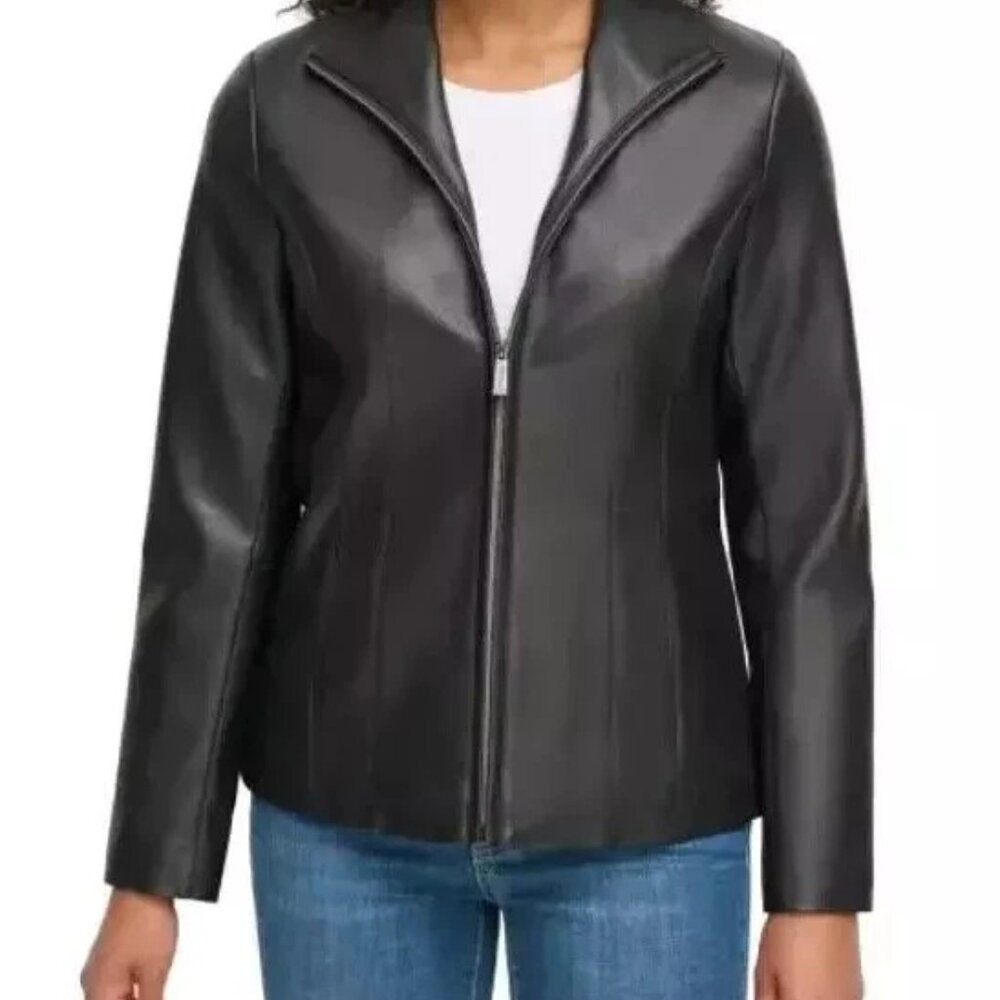 NEW WITH TAGS FROM KENNETH COLE FOR WOMEN.  FAUX LEATHER ZIP JACKET
